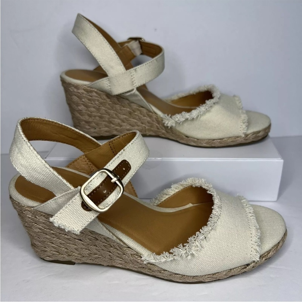 Tommy Bahama cream canvas espadrille wedge‎ heel sandals ankle strap women 7.5